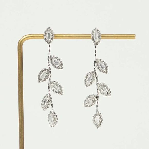 Diamond Leaf Petal Drop Statement Earrings - Picture 10 of 11